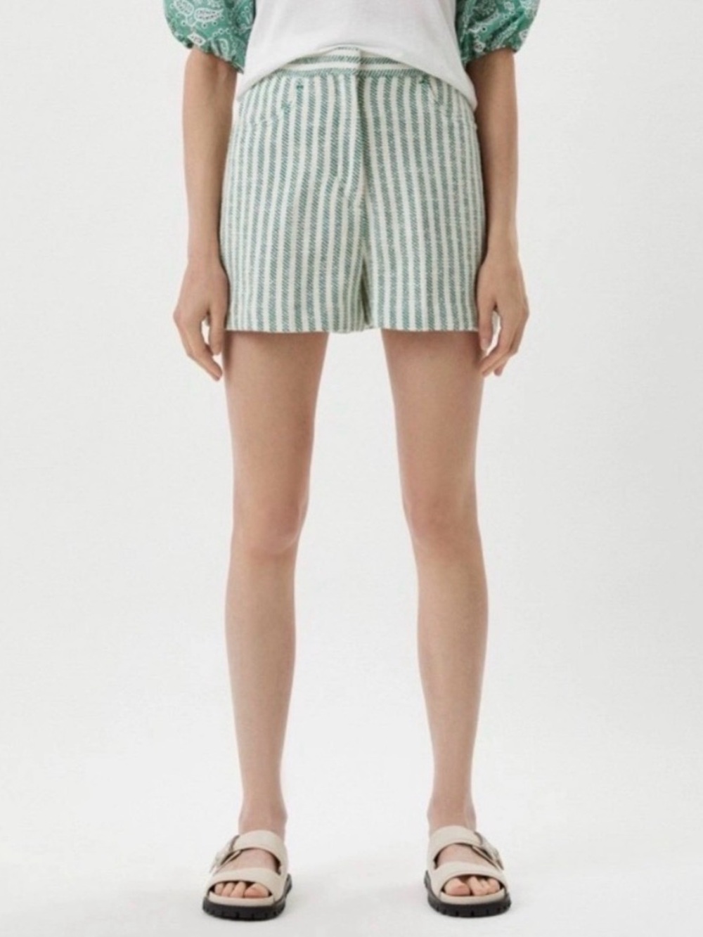 Sandro Paris Green Striped Tailored Shorts 36 US 4 Coastal Quiet Luxury Resort